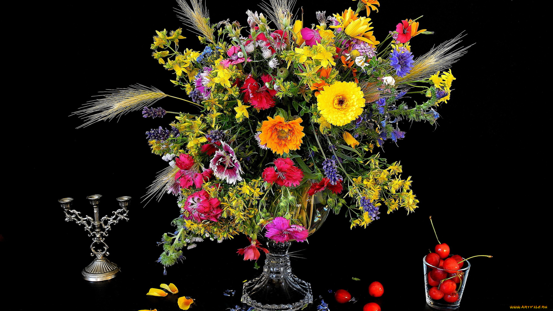 цветы, букеты, , композиции, черешня, ваза, букет, василек, люпин, герберы, гвоздики
