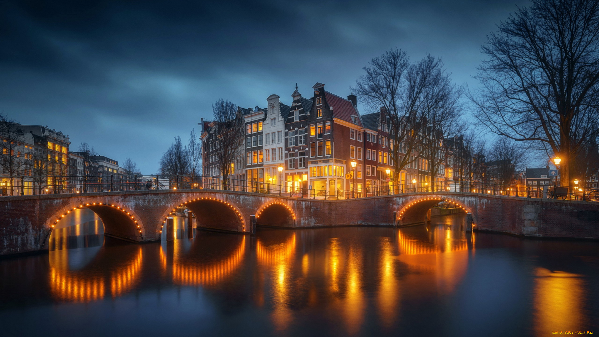 города, амстердам, , нидерланды, мосты, канал, вечер, огни
