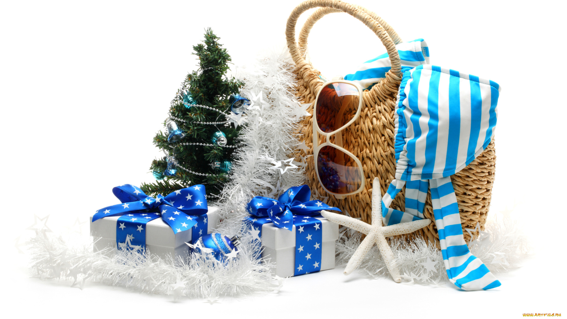 праздничные, разное, новый, год, ёлочка, коробки, подарки, очки, морская, звезда, гирлянда, сумка