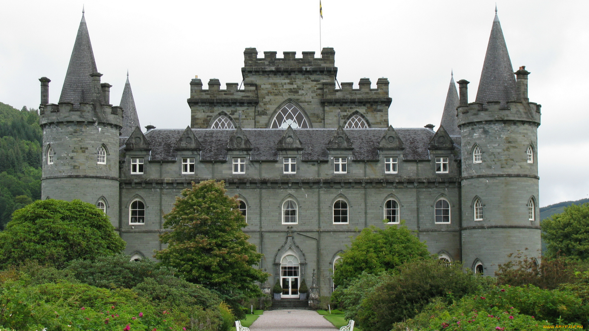 scotland, inveraray, castle, города, дворцы, замки, крепости, скамейки, башни, замок, кусты