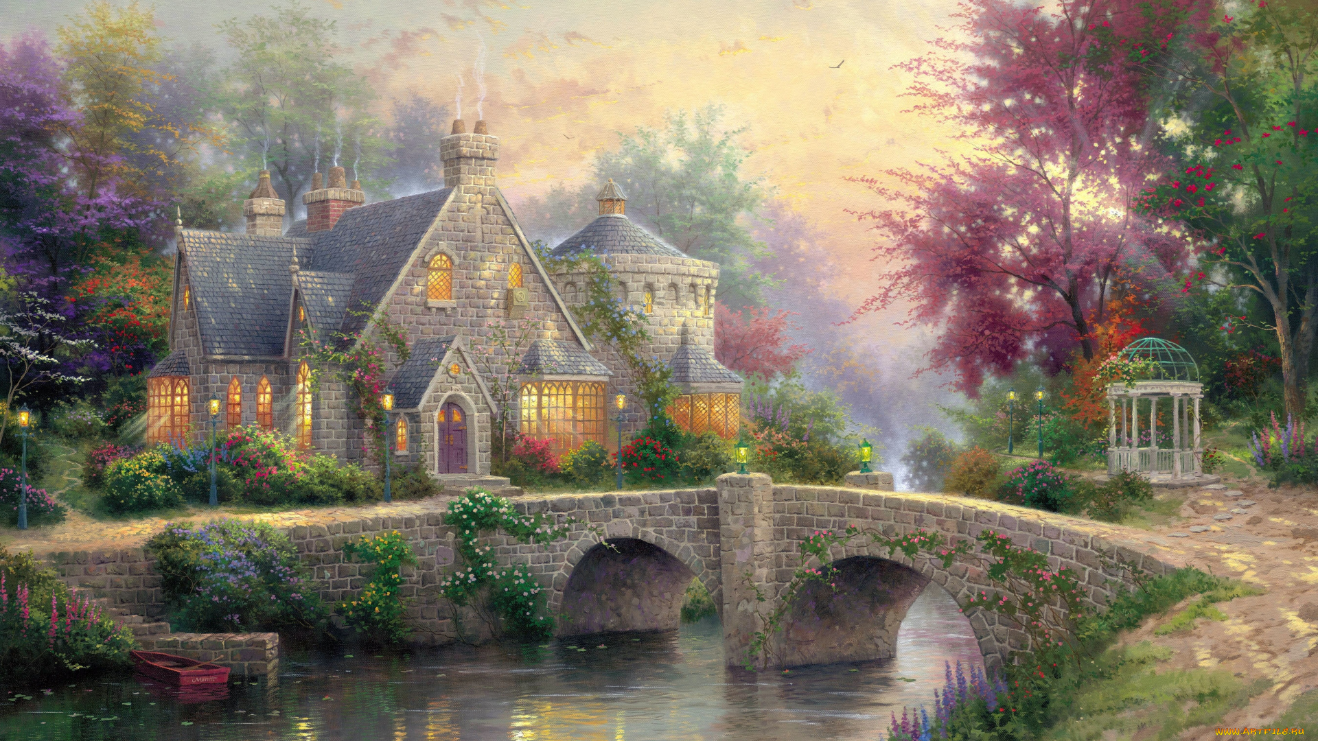 thomas, kinkade, рисованные, река, мост, беседка, дом