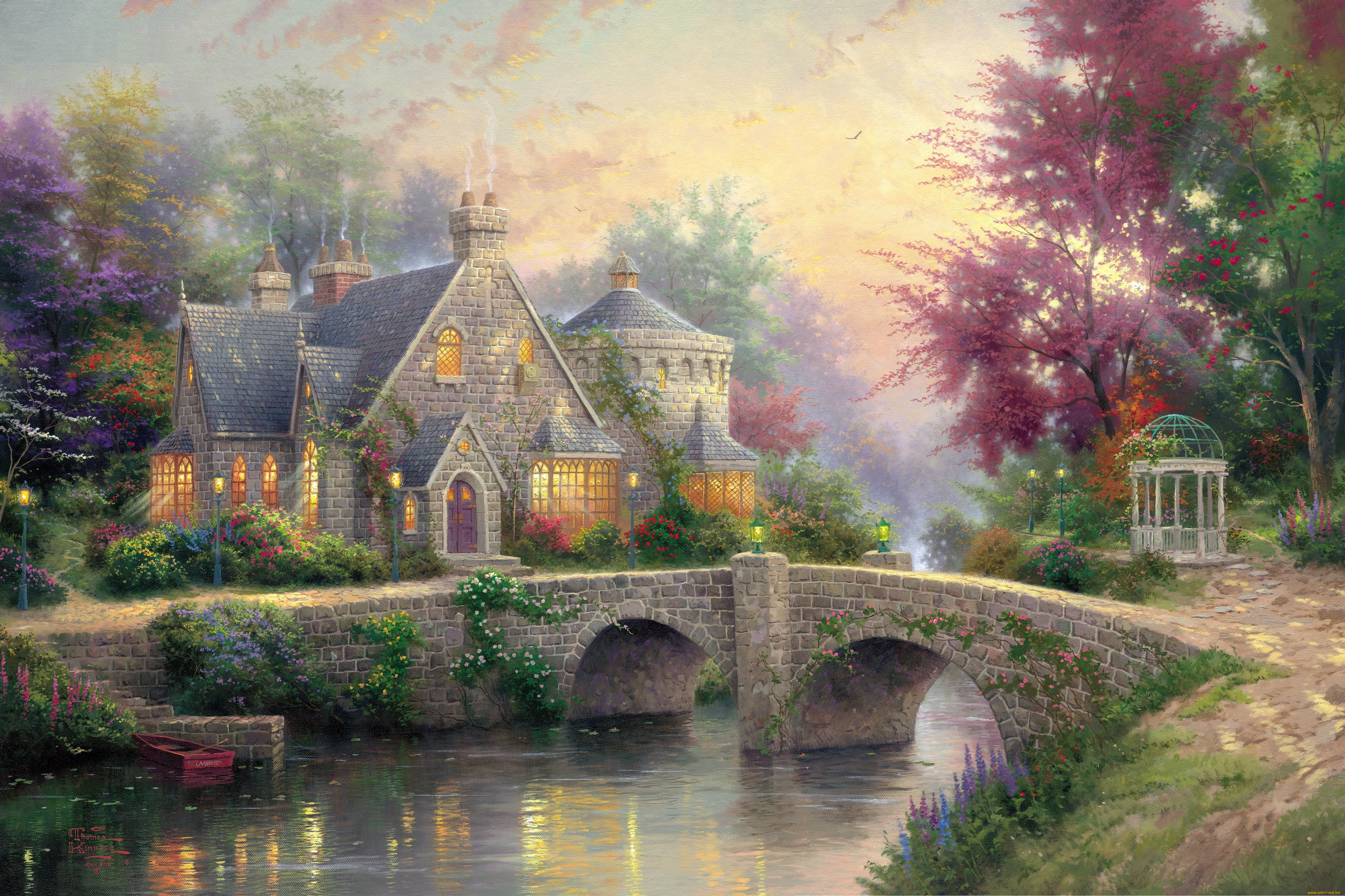 thomas, kinkade, рисованные, река, мост, беседка, дом