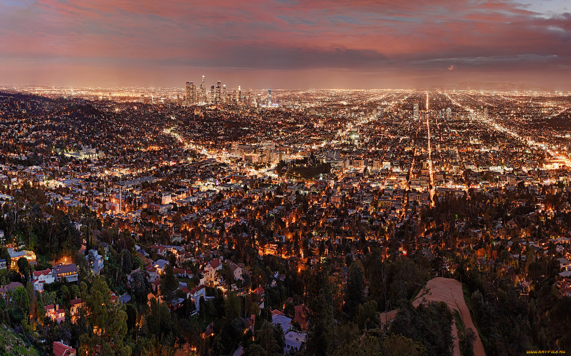 города, огни, ночного, los, angeles