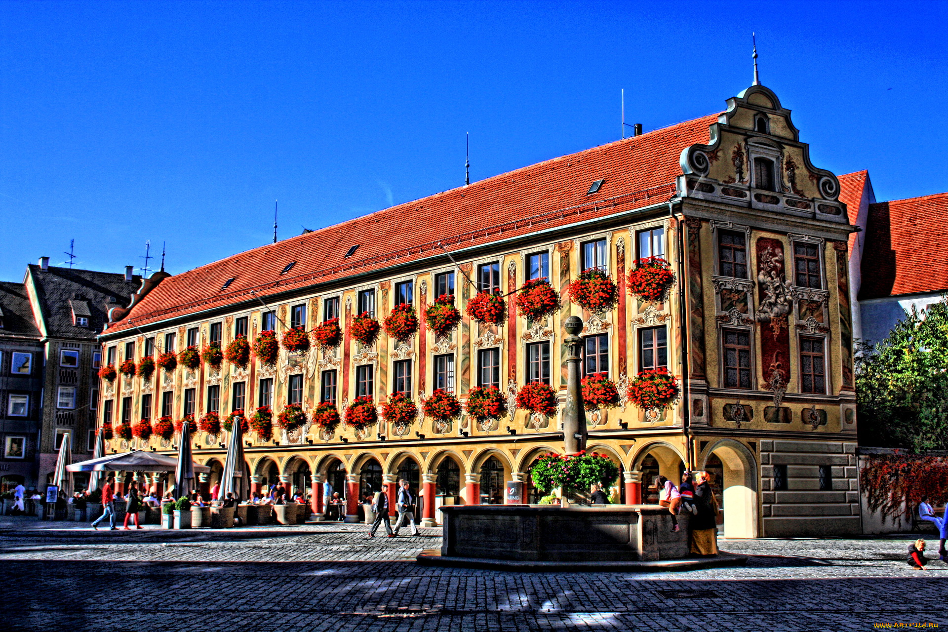 германия, бавария, мемминген, города, здания, дома, цветы, площадь