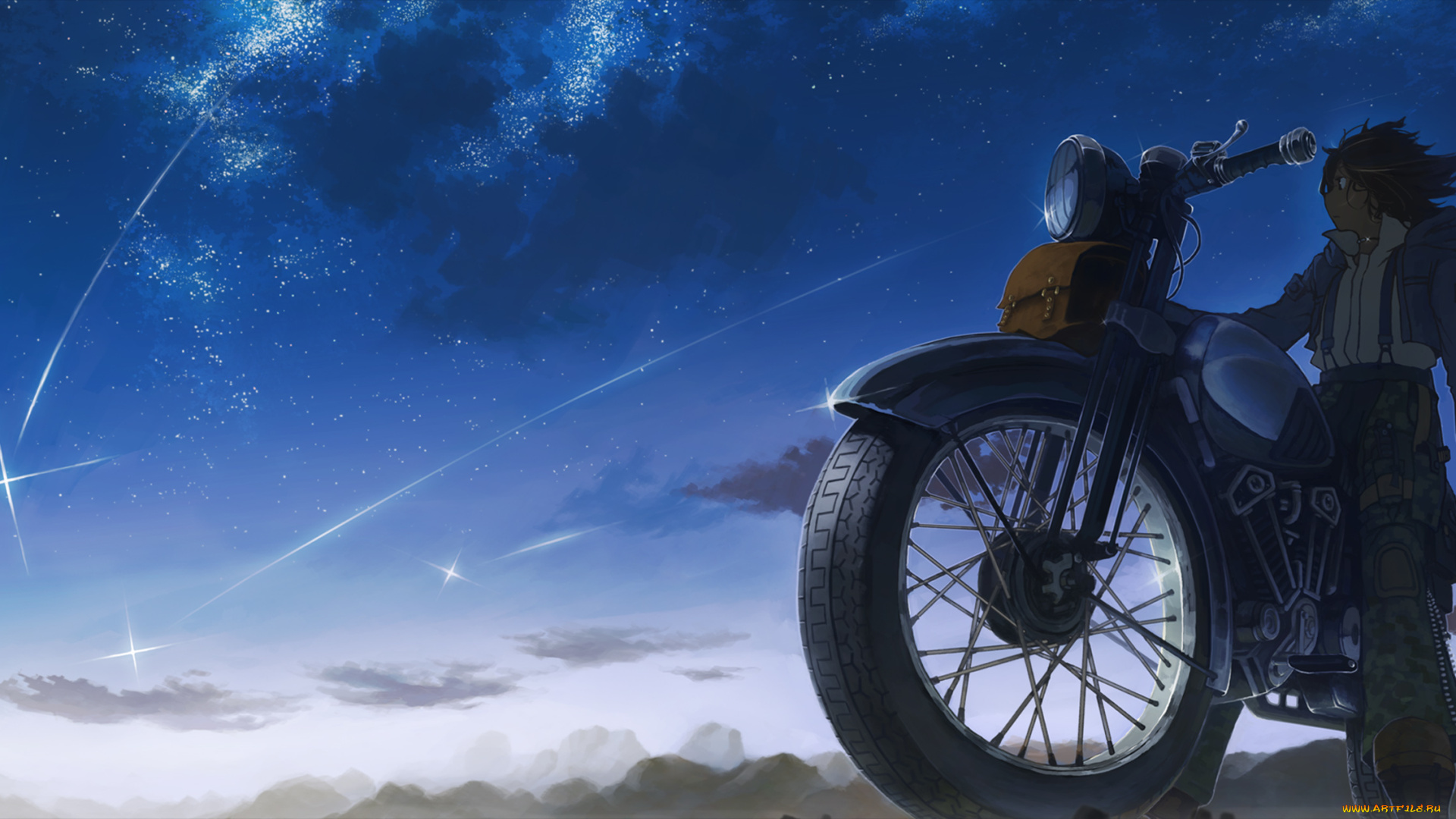 by, hatsuga, dmaigmai, аниме, *unknown, другое, сумерки, небо, облака, звезды, падение, мотоцикл, парень, сумка, горы, шлем