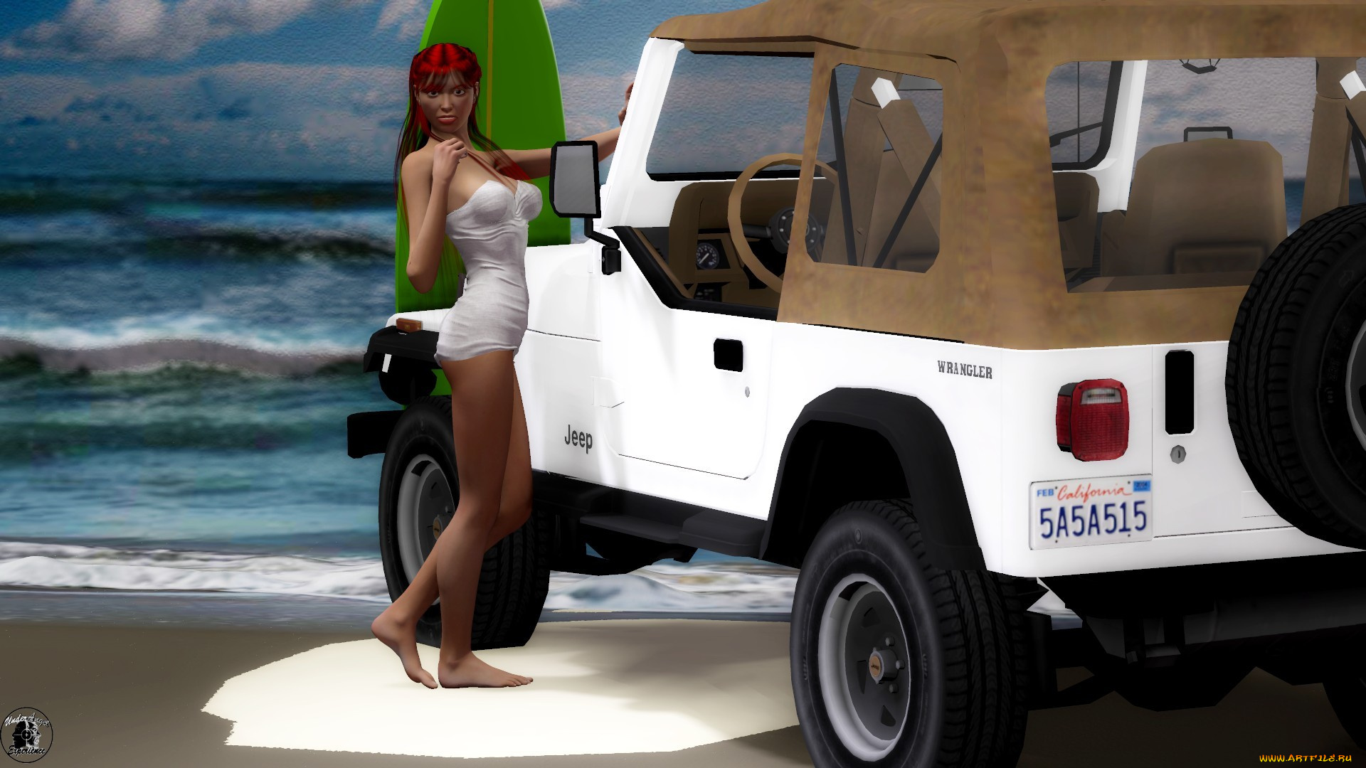 автомобили, 3d, car&girl, девушка, взгляд, фон, рыжая, автомобиль, песок, пляж, море, купальник, доска