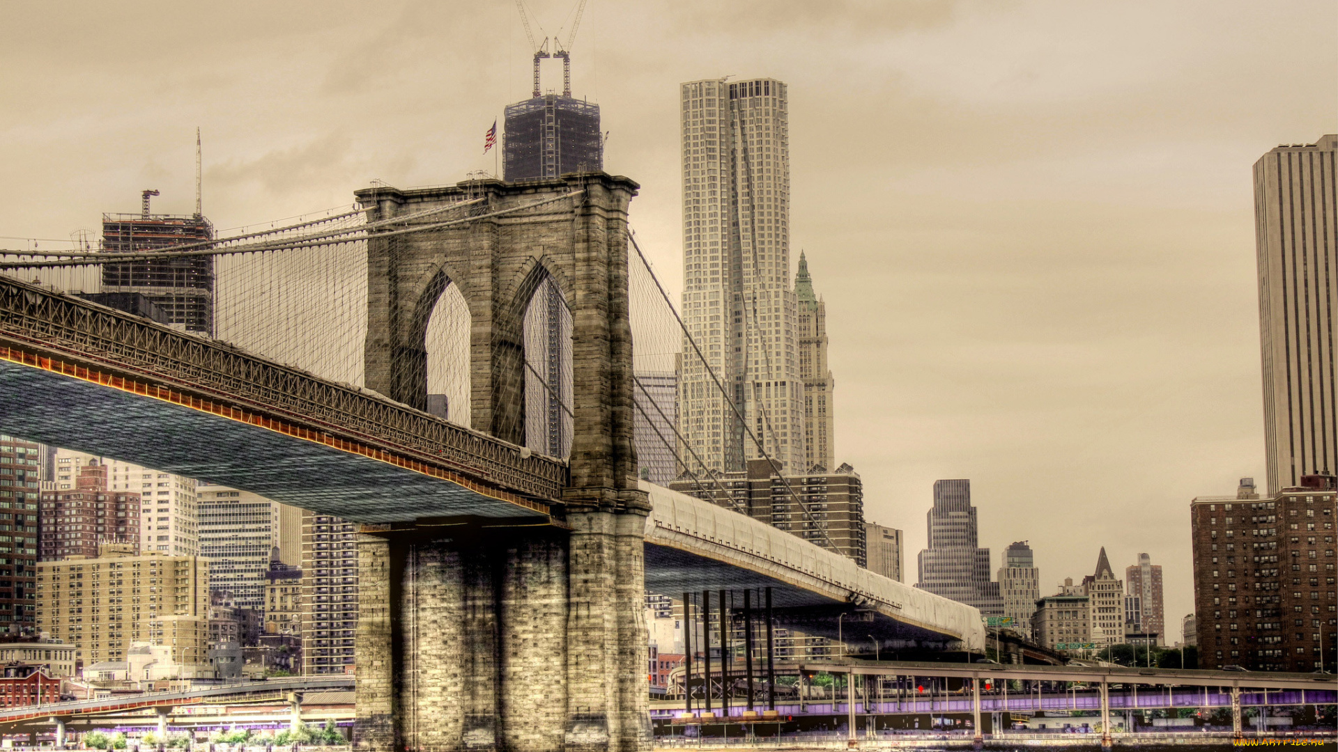 города, -, мосты, brooklyn, bridge, здания, бруклинский, мост, город, нью-йорк