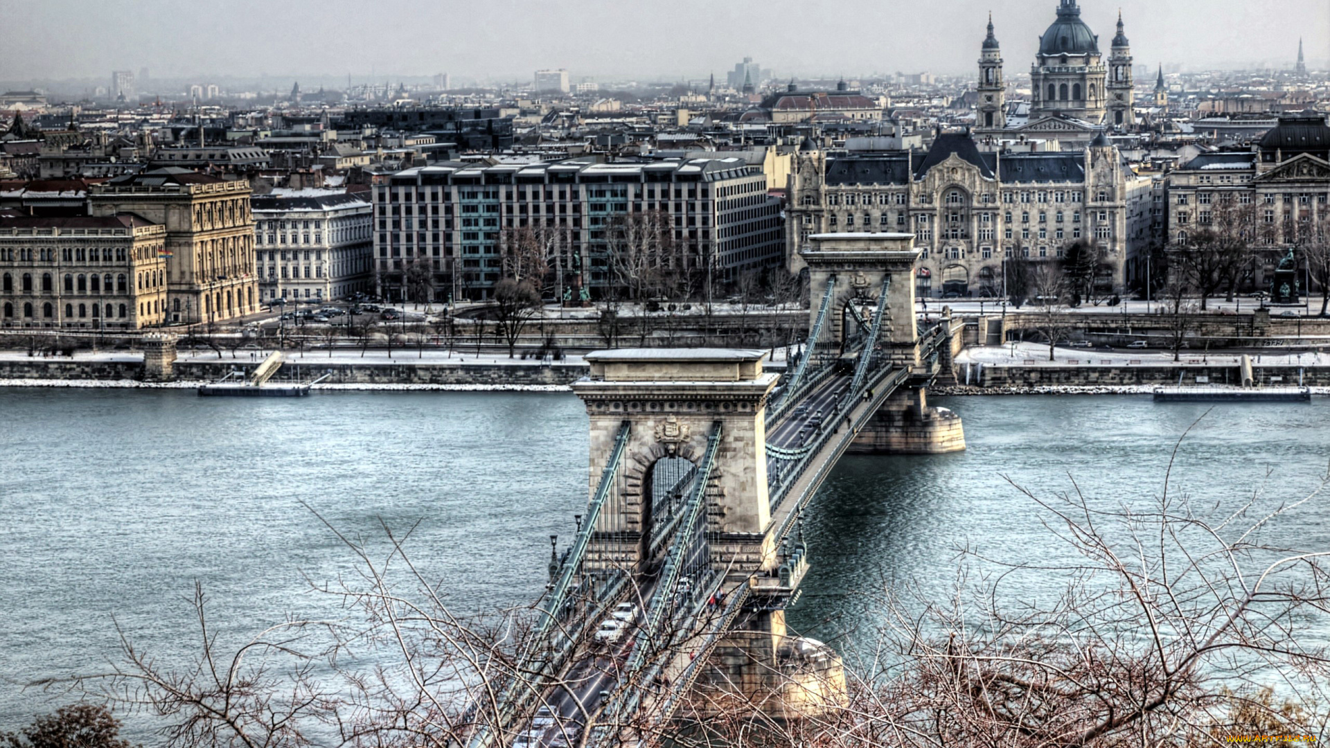 города, будапешт, , венгрия, зима, река, мост