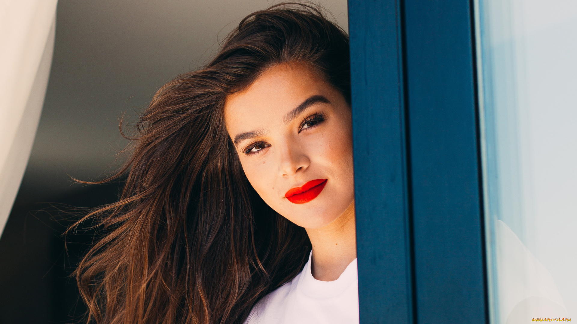 девушки, hailee, steinfeld, окно, улыбка, лицо, шатенка