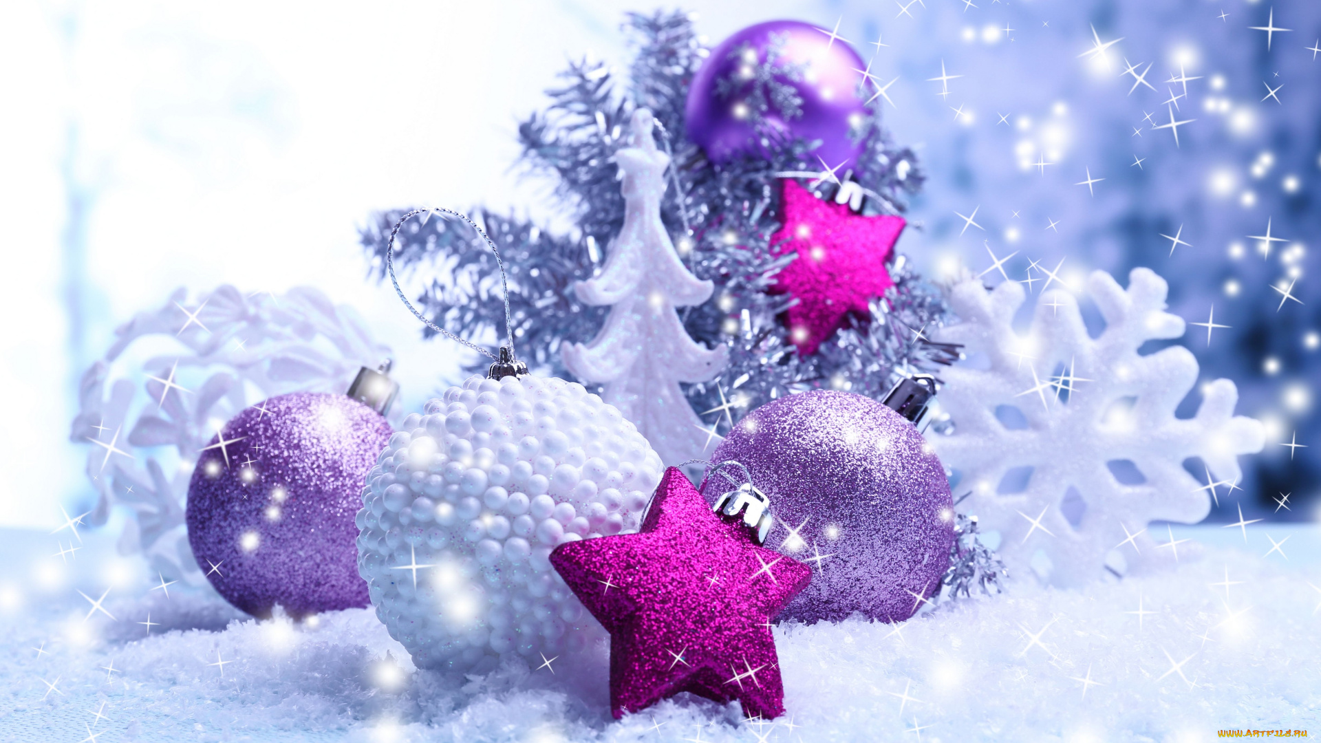 праздничные, украшения, снег, снежинка, звёзды, шарики
