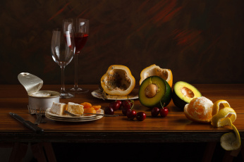 Картинка еда разное цитрусы вишня вино авокадо