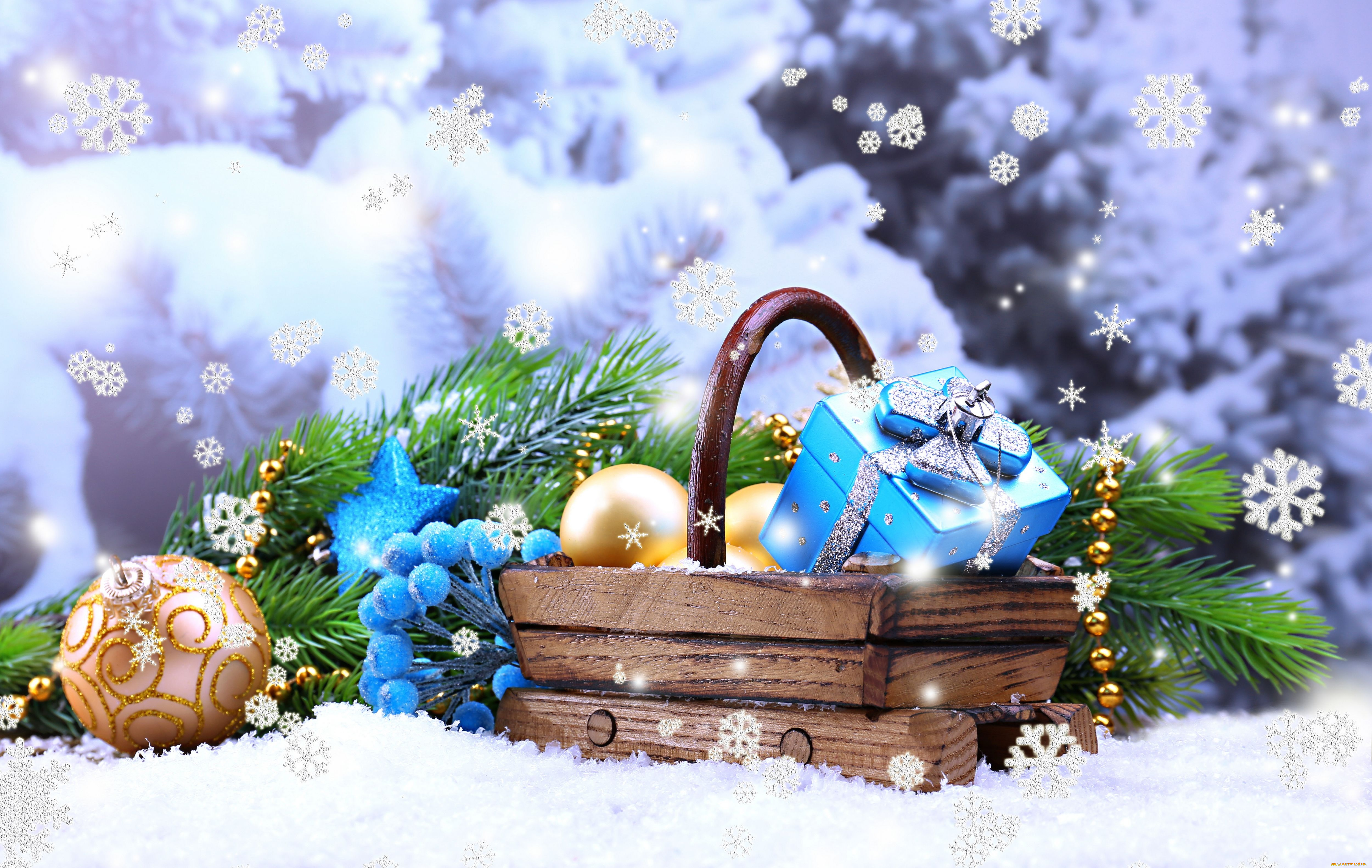 праздничные, украшения, ветка, игрушки, шарики, снег