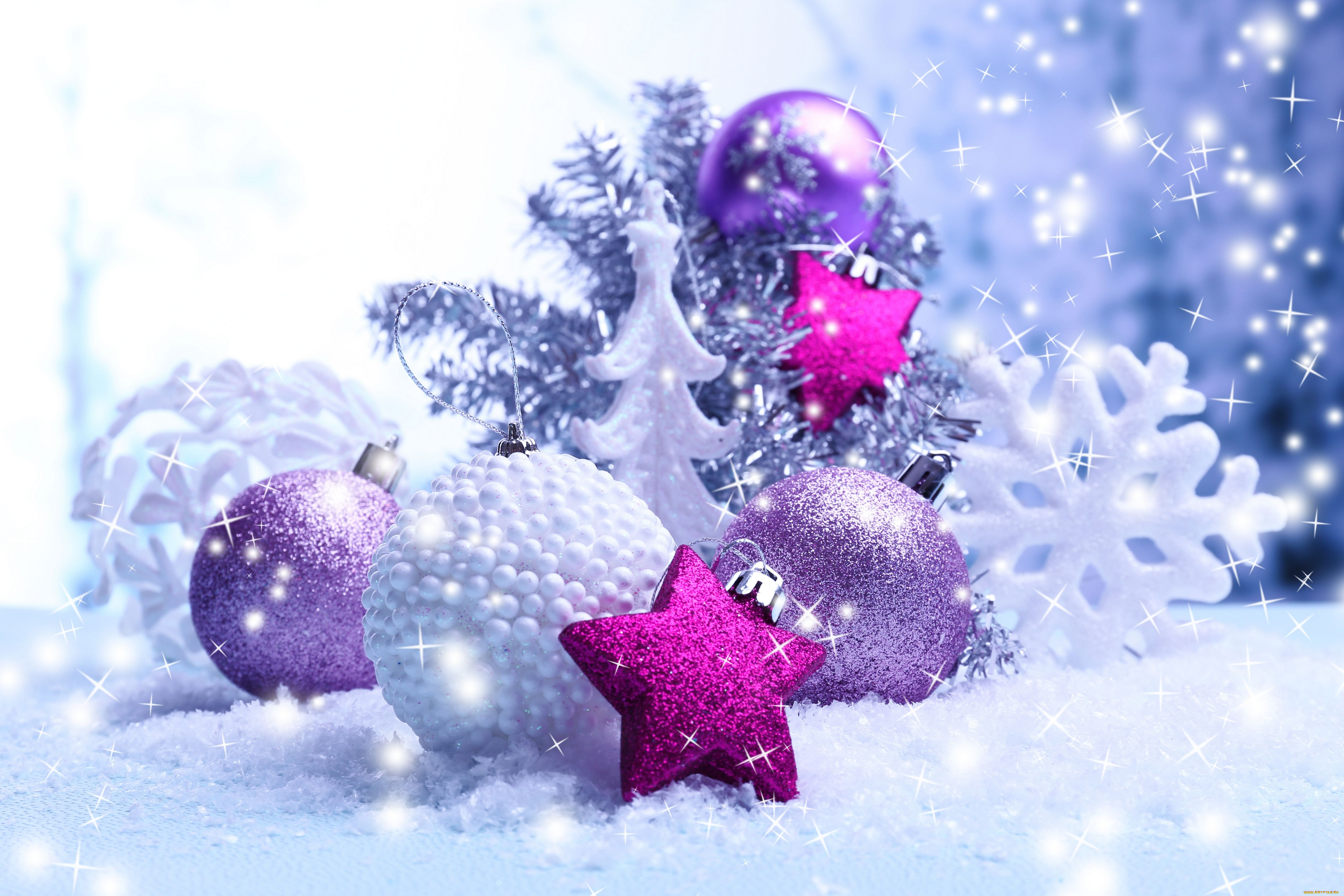 праздничные, украшения, снег, снежинка, звёзды, шарики