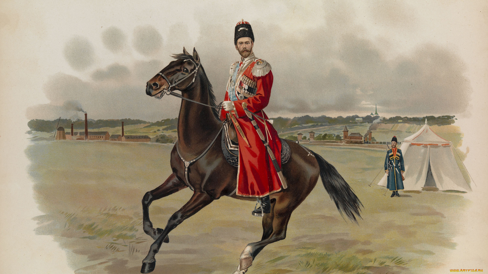 рисованное, живопись, император, всероссийский, николай, ii, казачья, форма, лошадь