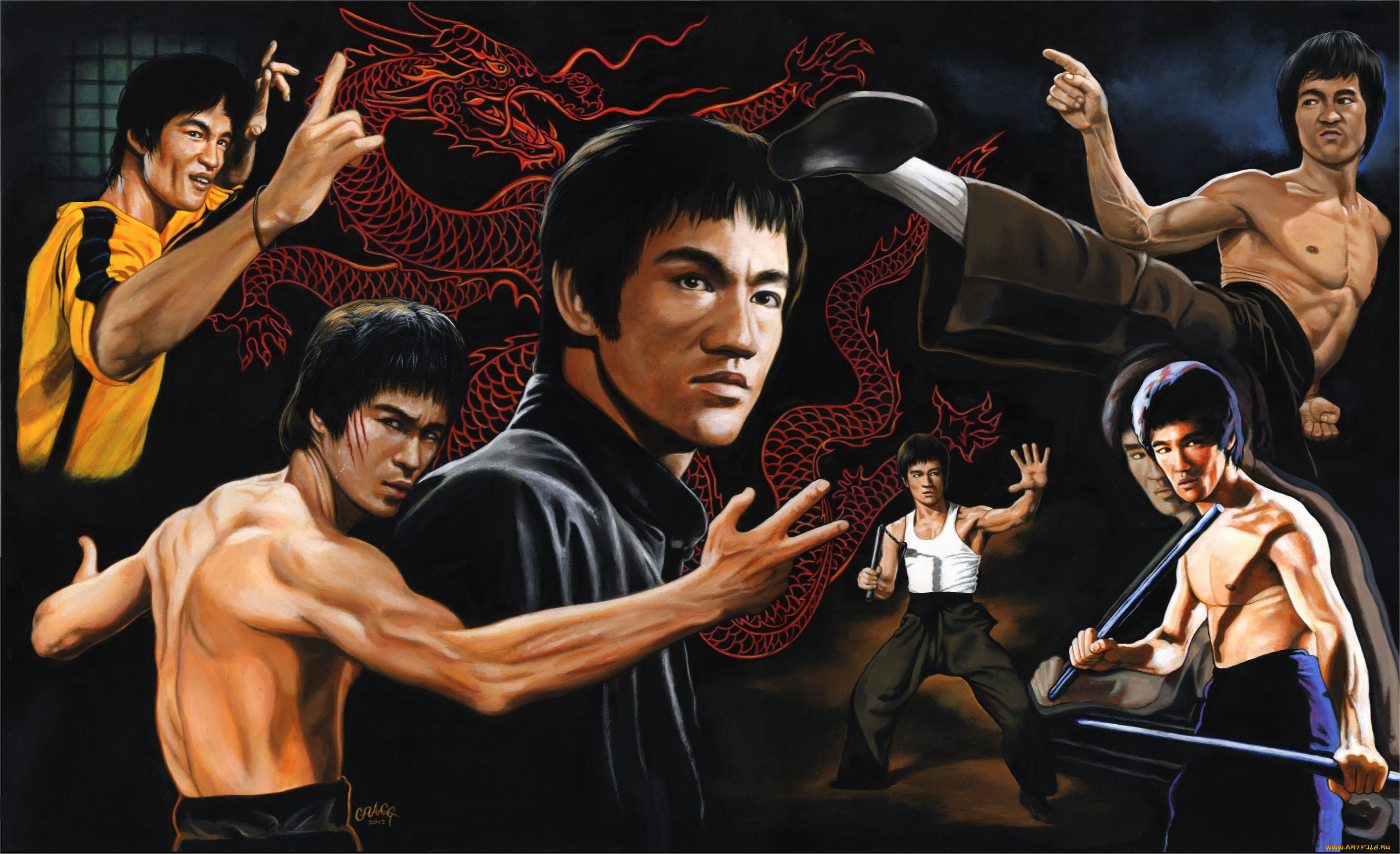 bruce, lee, рисованное, люди, взгляд, фон, мужчина, кунг-фу