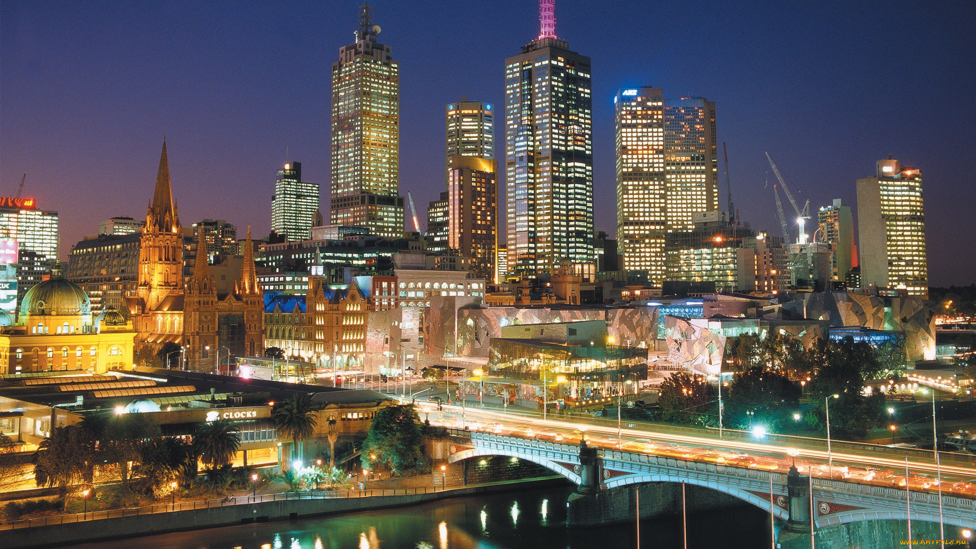 города, мельбурн, , австралия, набережная, вечер, река, мост