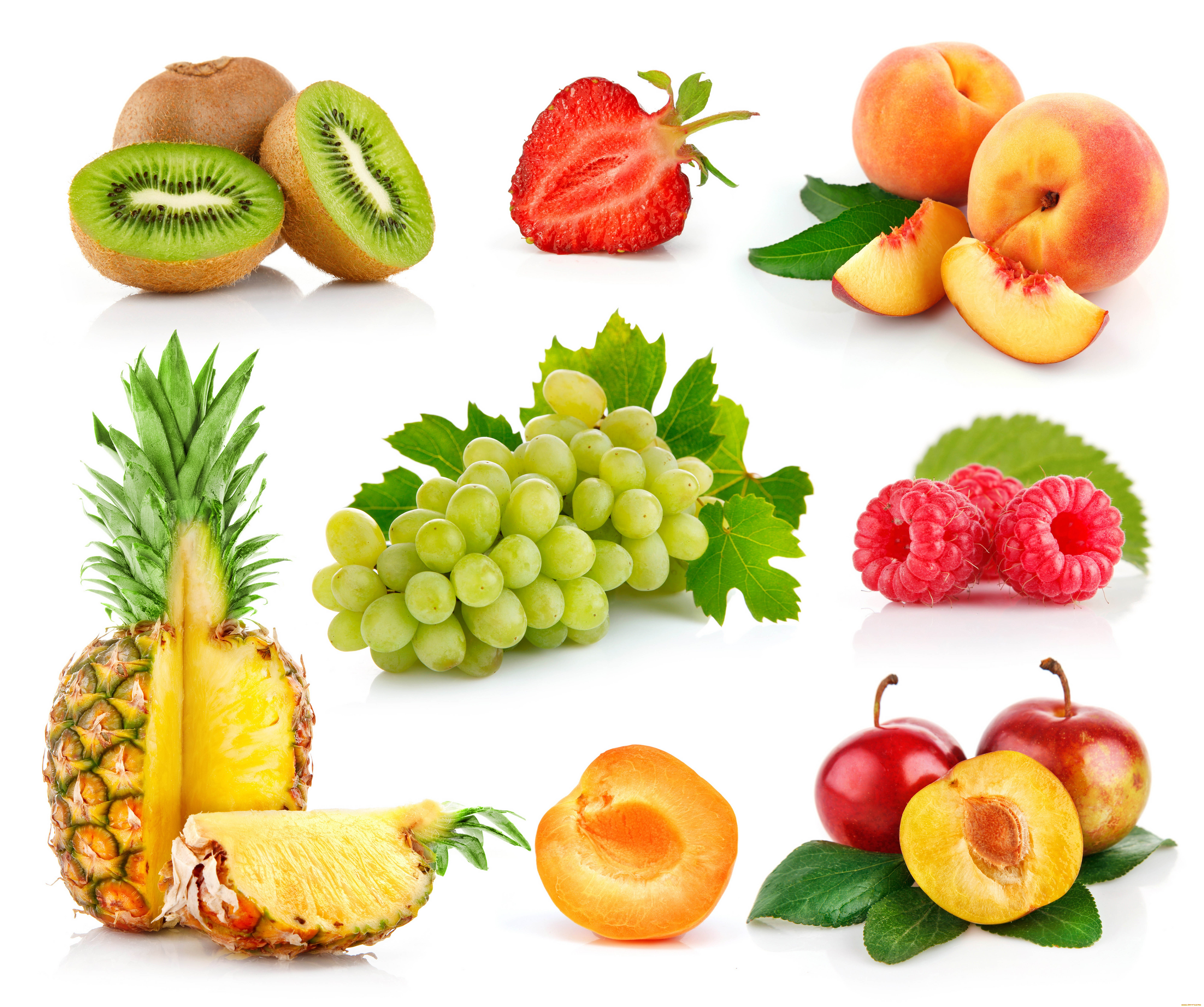 еда, фрукты, ягоды, витамины, ананасы, киви, виноград, клубника
