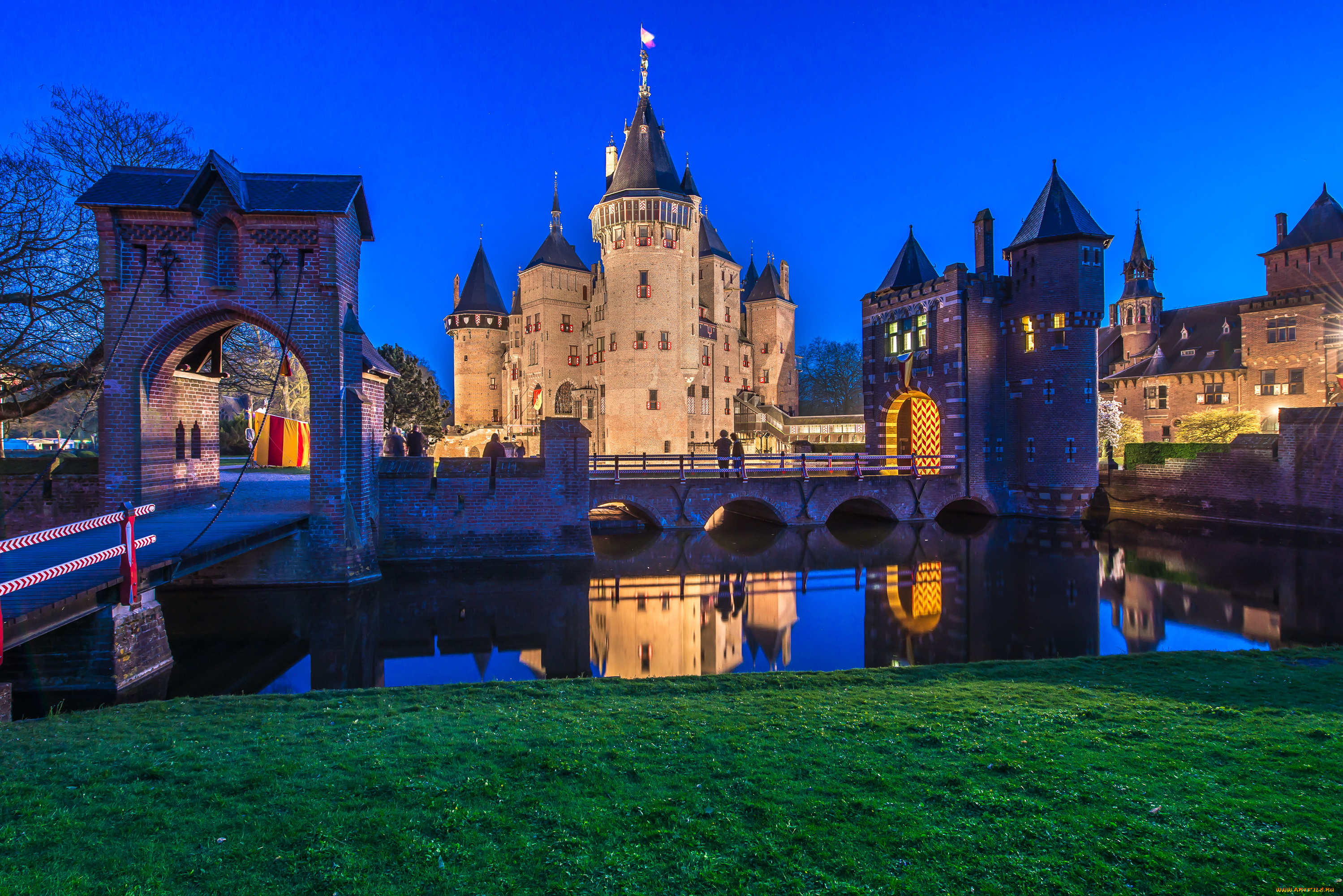 castle, de, haar, нидерланды, города, замки, нидерландов, огни, нидерланды, ночь, пруд, de, haar, castle