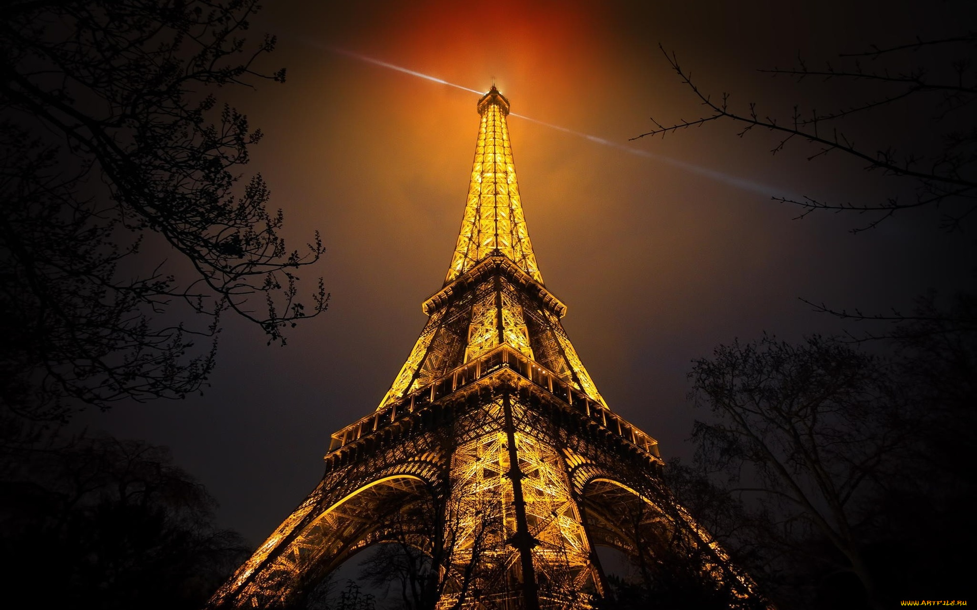 города, париж, , франция, эйфелева, башня, огни, ракурс, деревья, ночь