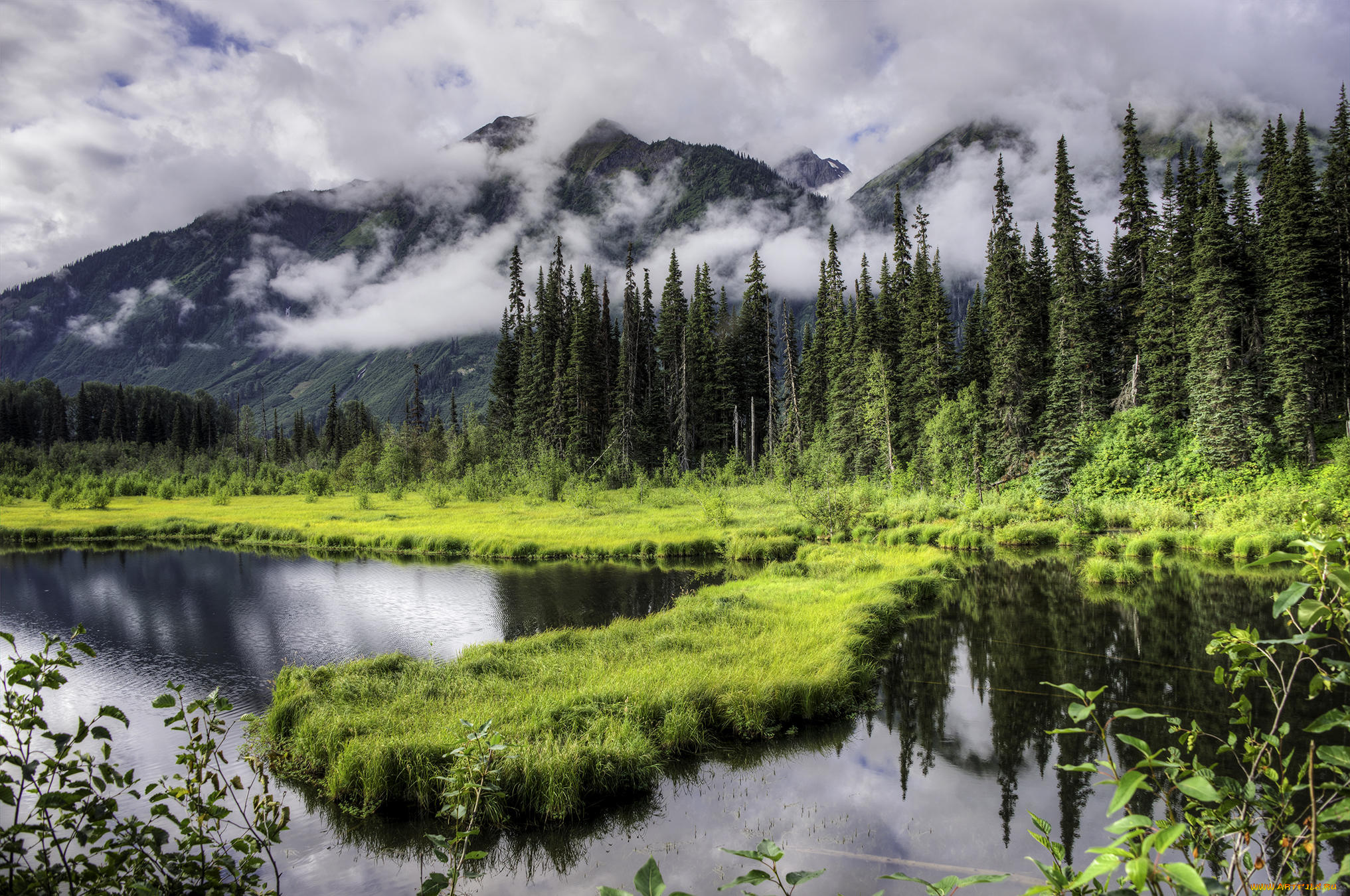 природа, пейзажи, пейзаж, деревья, горы, озеро, alaska