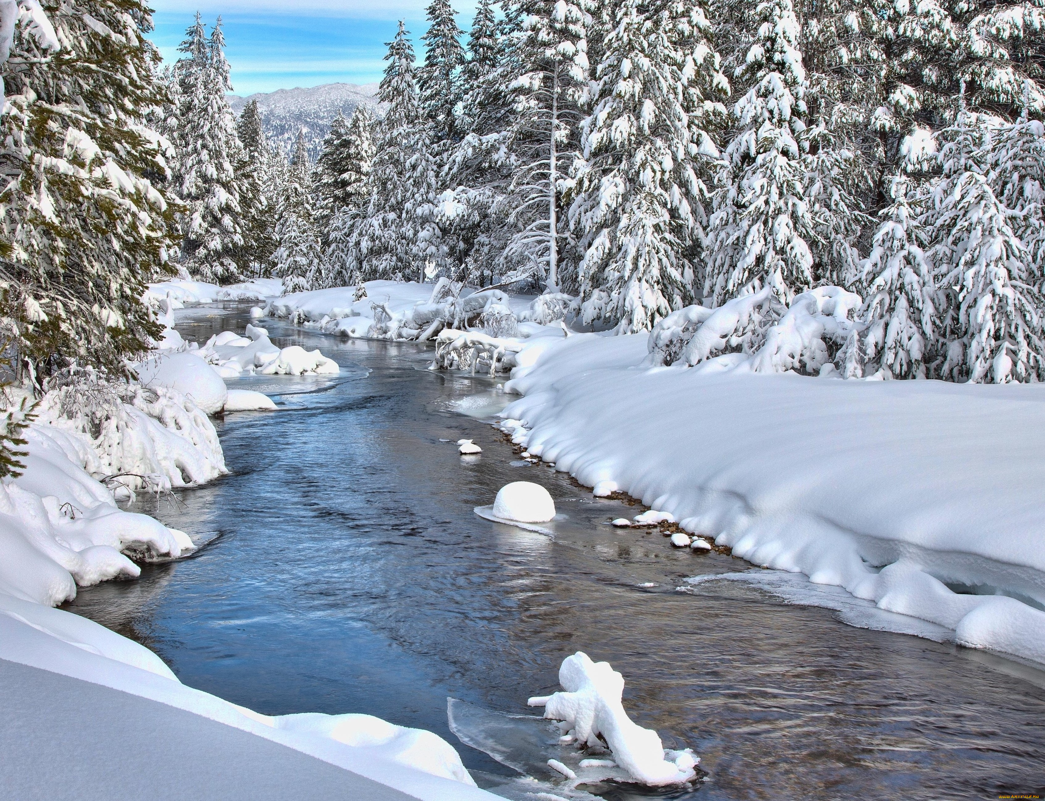 природа, реки, озера, зима, деревья, снег, река, пейзаж
