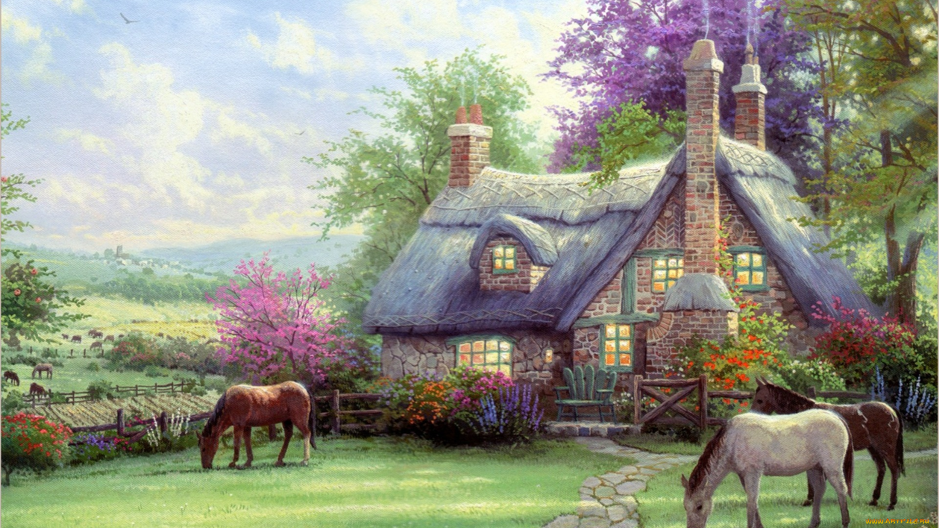 perfect, summer, day, рисованные, thomas, kinkade, thomzs, painting, томас, кинкейд, живопись, дом, кони