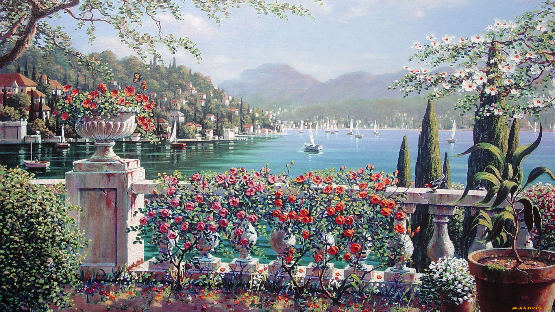 terrace, in, bellagio, рисованные, bob, pejman, белладжио, боб, пейман, живопись, italy, италия, город, озеро, цветы