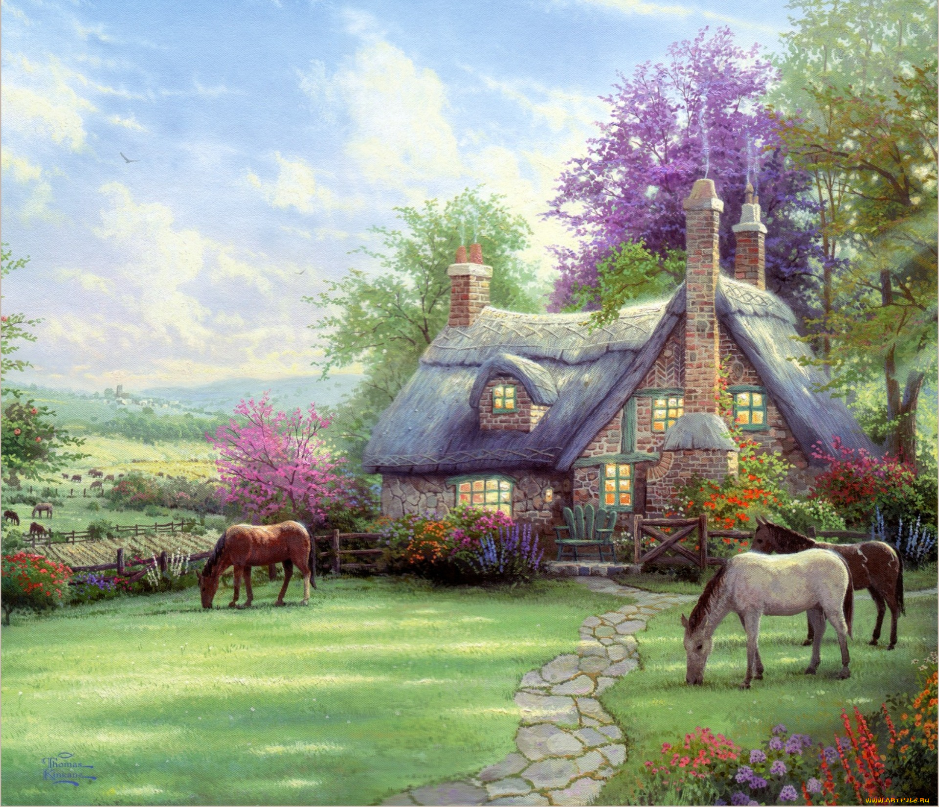 perfect, summer, day, рисованные, thomas, kinkade, thomzs, painting, томас, кинкейд, живопись, дом, кони