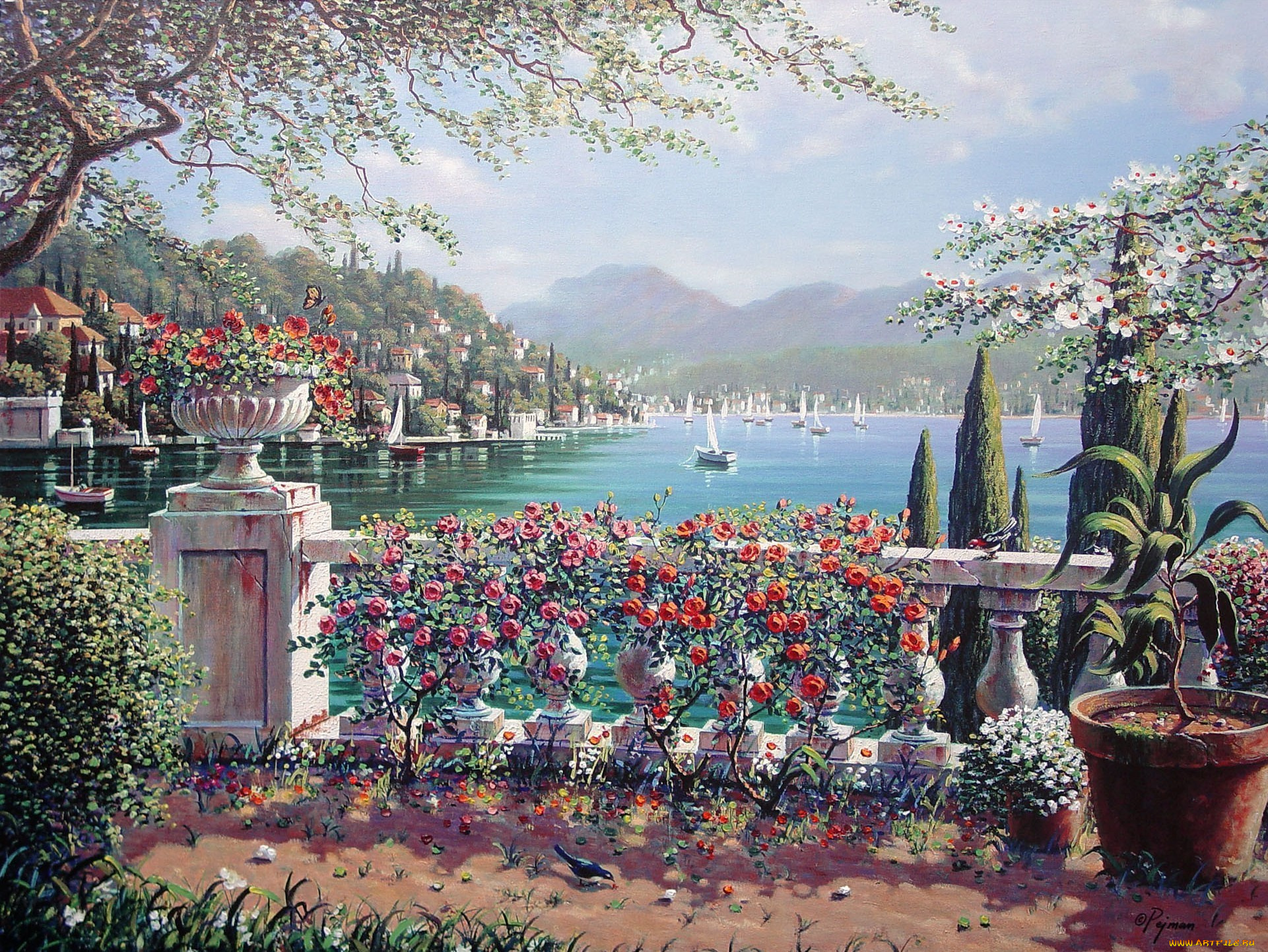 terrace, in, bellagio, рисованные, bob, pejman, белладжио, боб, пейман, живопись, italy, италия, город, озеро, цветы