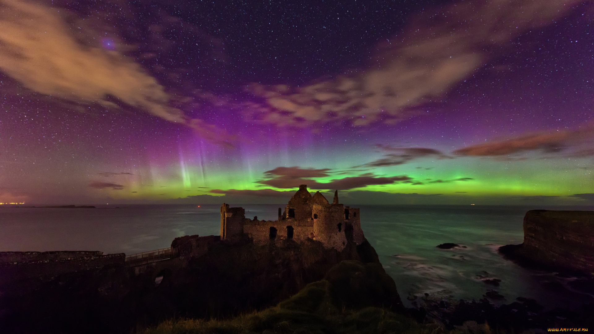 dunluce, castle, города, -, пейзажи, ночь, сполохи, замок