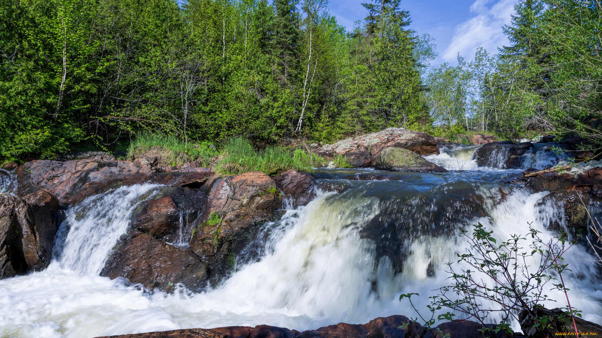 природа, водопады, водопад, река, лес