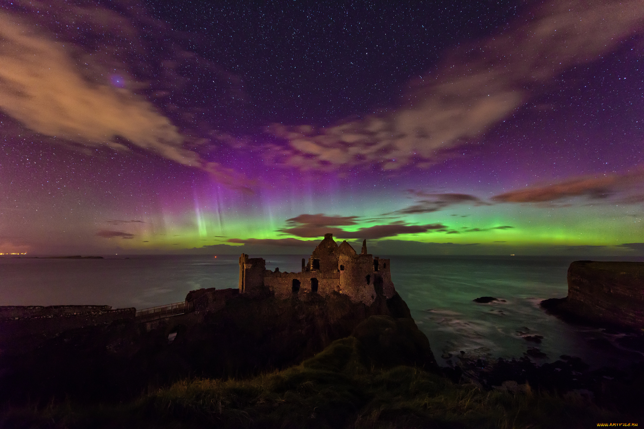 dunluce, castle, города, -, пейзажи, ночь, сполохи, замок