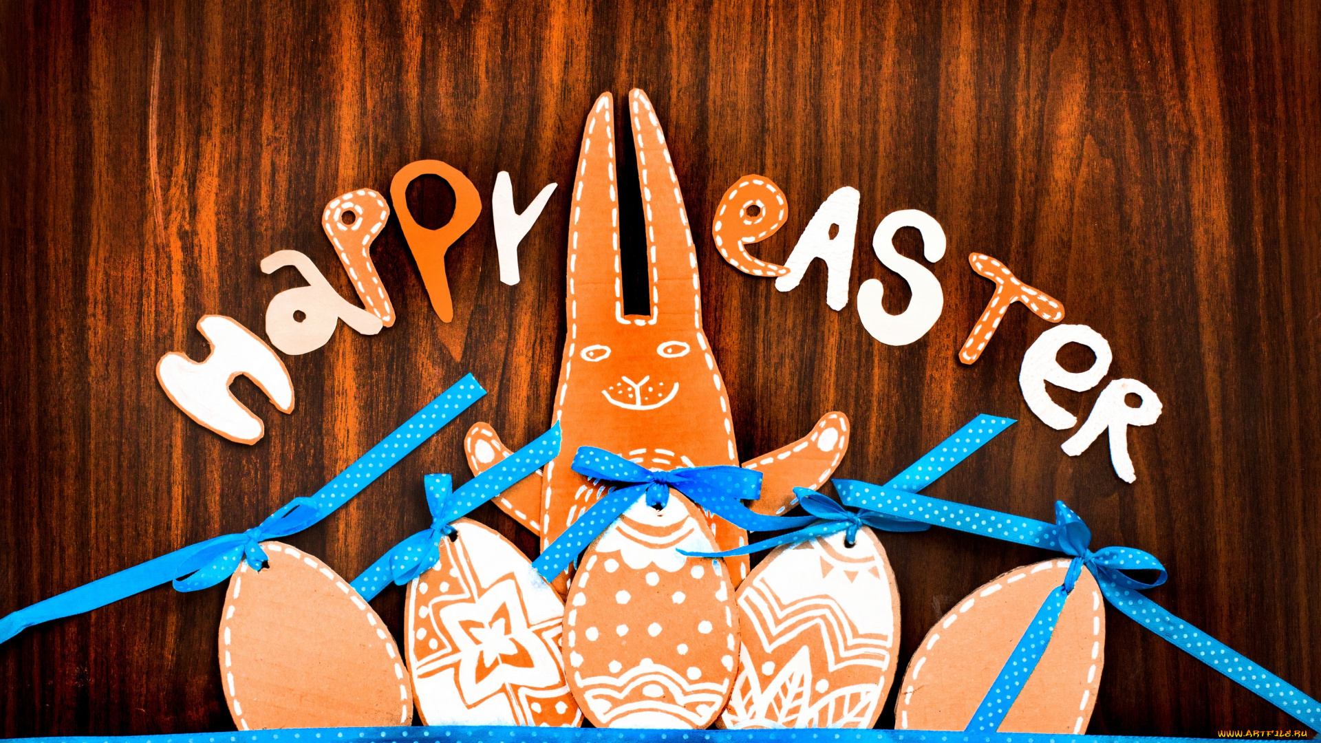 праздничные, пасха, надпись, дерево, фигурки, easter, праздник, заяц, ленты, яйца