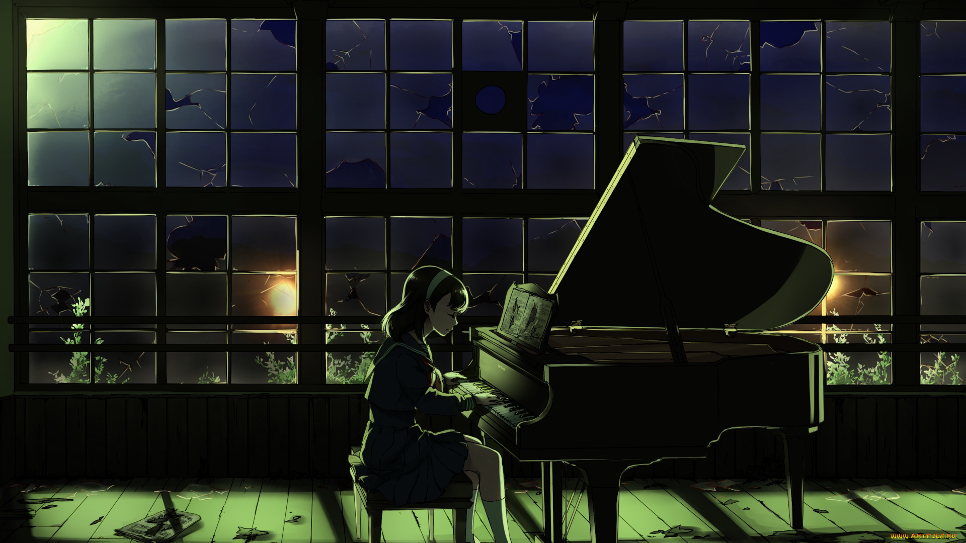 аниме, музыка, вечер, пианино, девушка, арт, ai-wa
