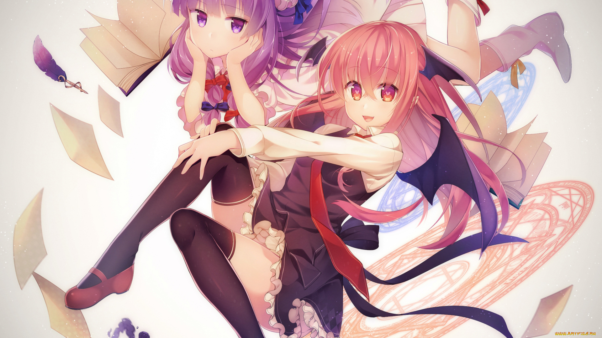 аниме, touhou, девушки, арт, niwashi, yuyu, чернила, перо, листы, книга, patchouli, knowledge, koakuma