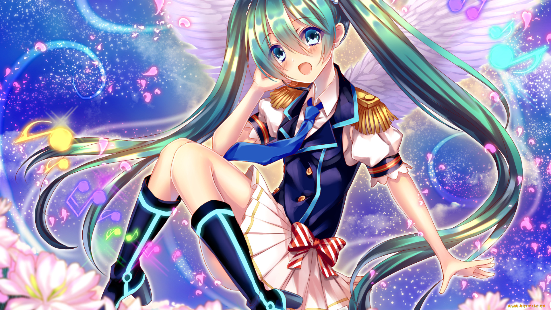 аниме, vocaloid, крылья, мелодия, hatsune, miku, девушка, цветы, арт, saijou, yukina, сердечки