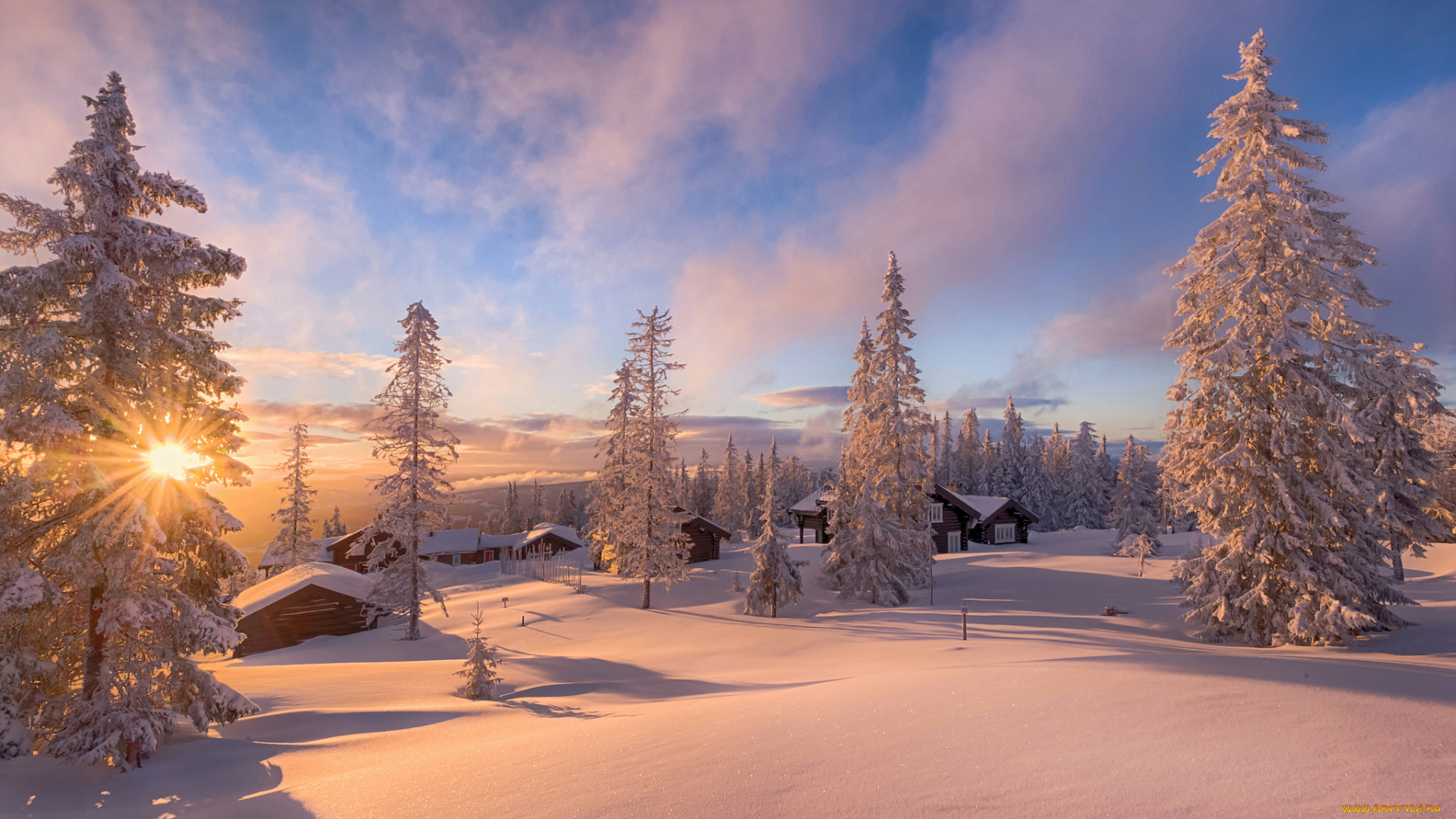 природа, зима, свет, солнце, лучи, снег, дома, норвегия