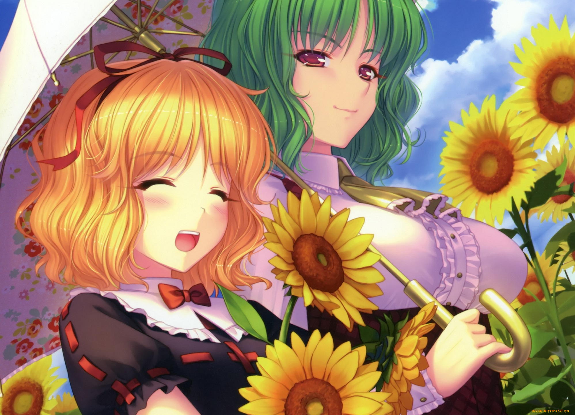 аниме, touhou, небо, зонт, подсолнухи, kazami, yuuka, девушки, арт, medicine, melancholy, sayori