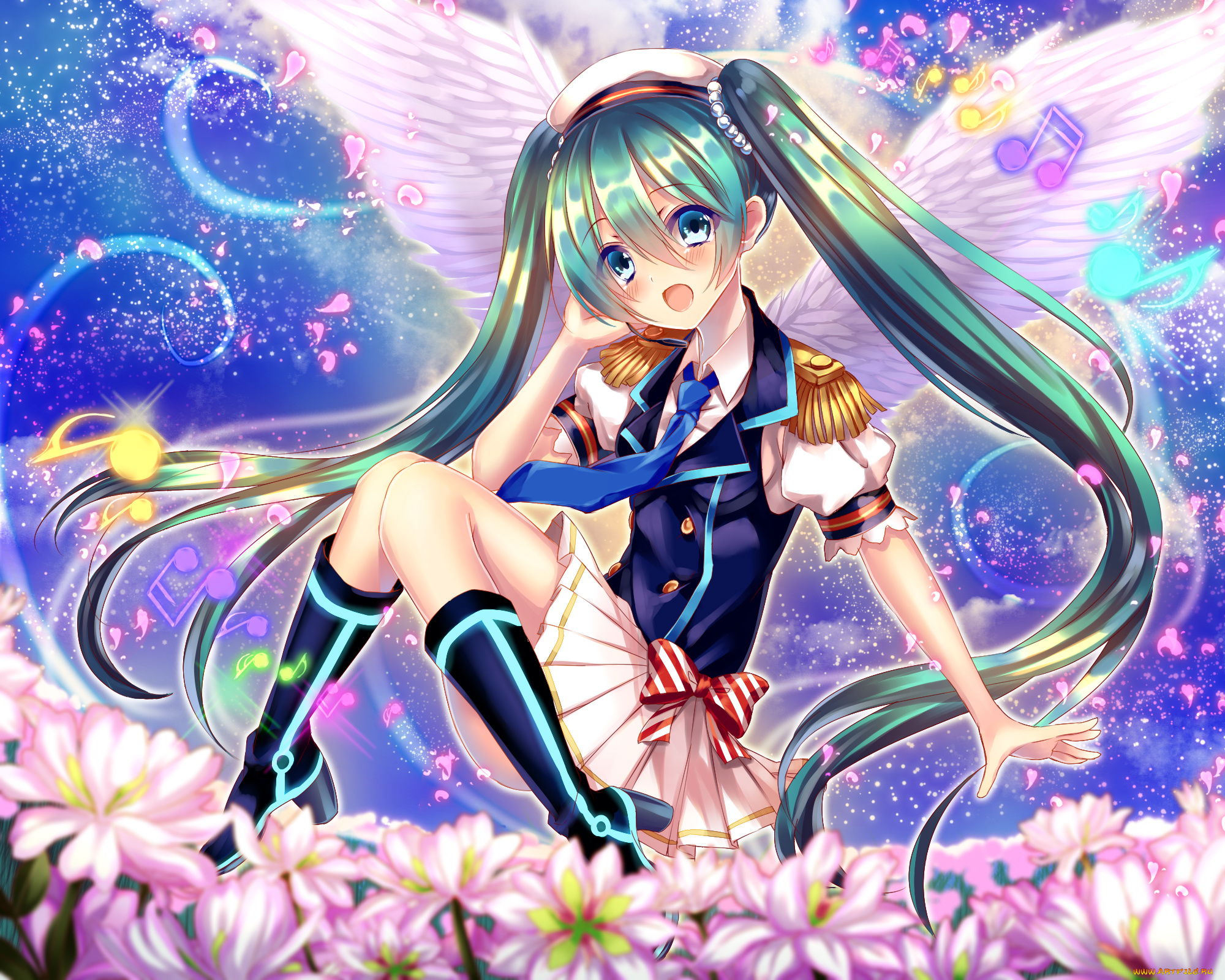 аниме, vocaloid, крылья, мелодия, hatsune, miku, девушка, цветы, арт, saijou, yukina, сердечки