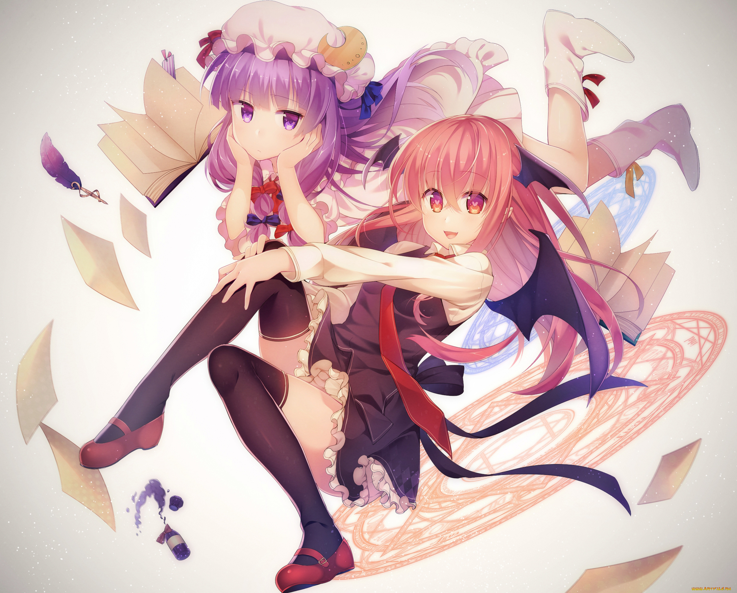 аниме, touhou, девушки, арт, niwashi, yuyu, чернила, перо, листы, книга, patchouli, knowledge, koakuma