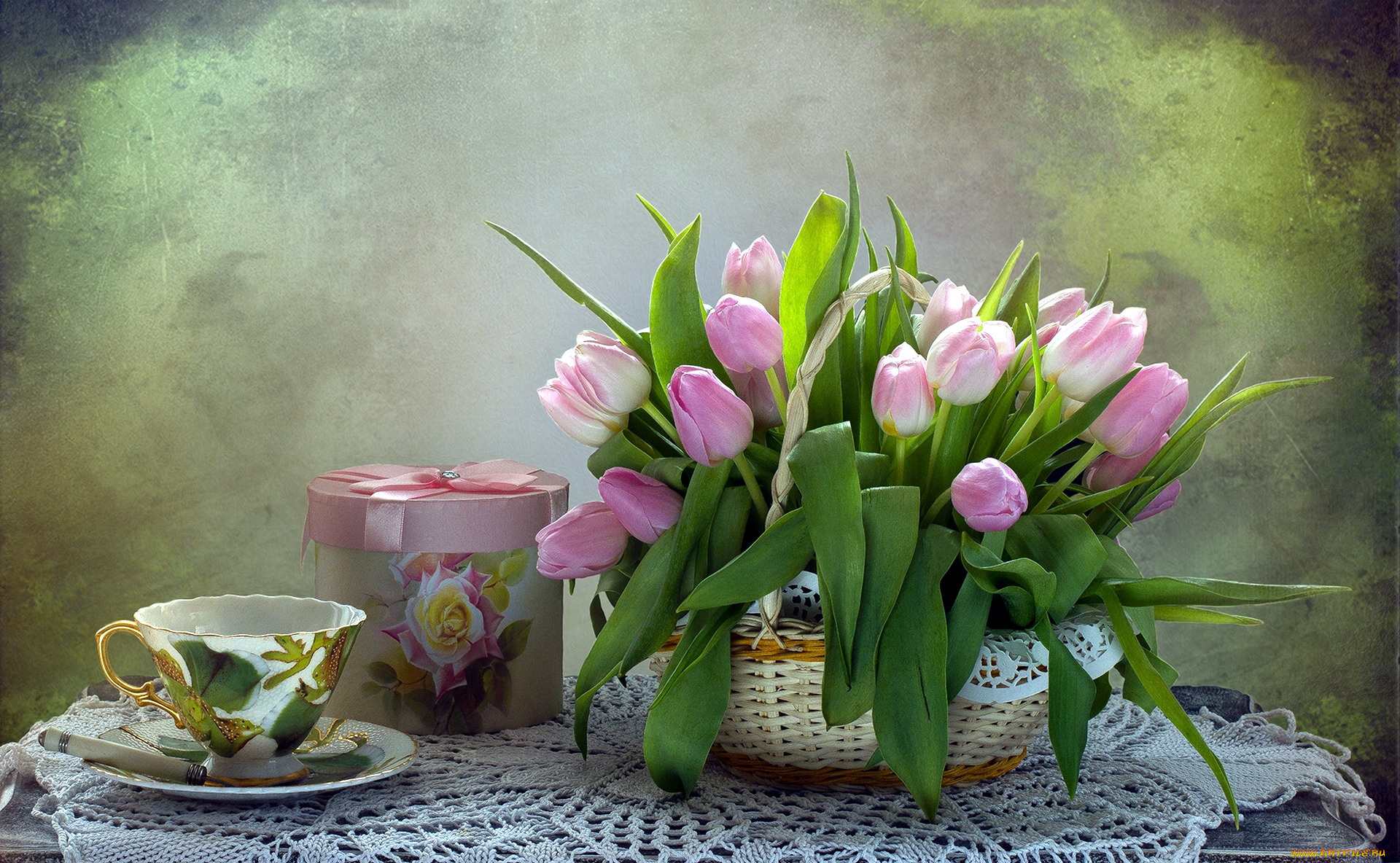 цветы, тюльпаны, корзинка, подарок, нежный