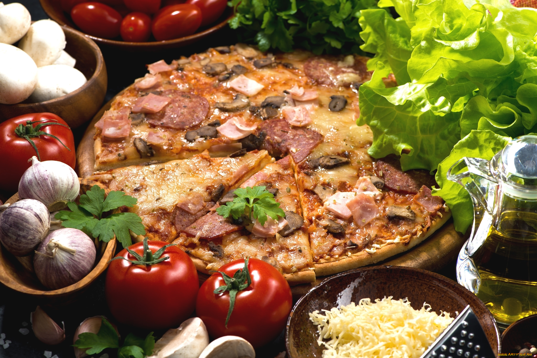 еда, пицца, салат, сыр, чеснок, масло, грибы, помидоры, ветчина, томаты
