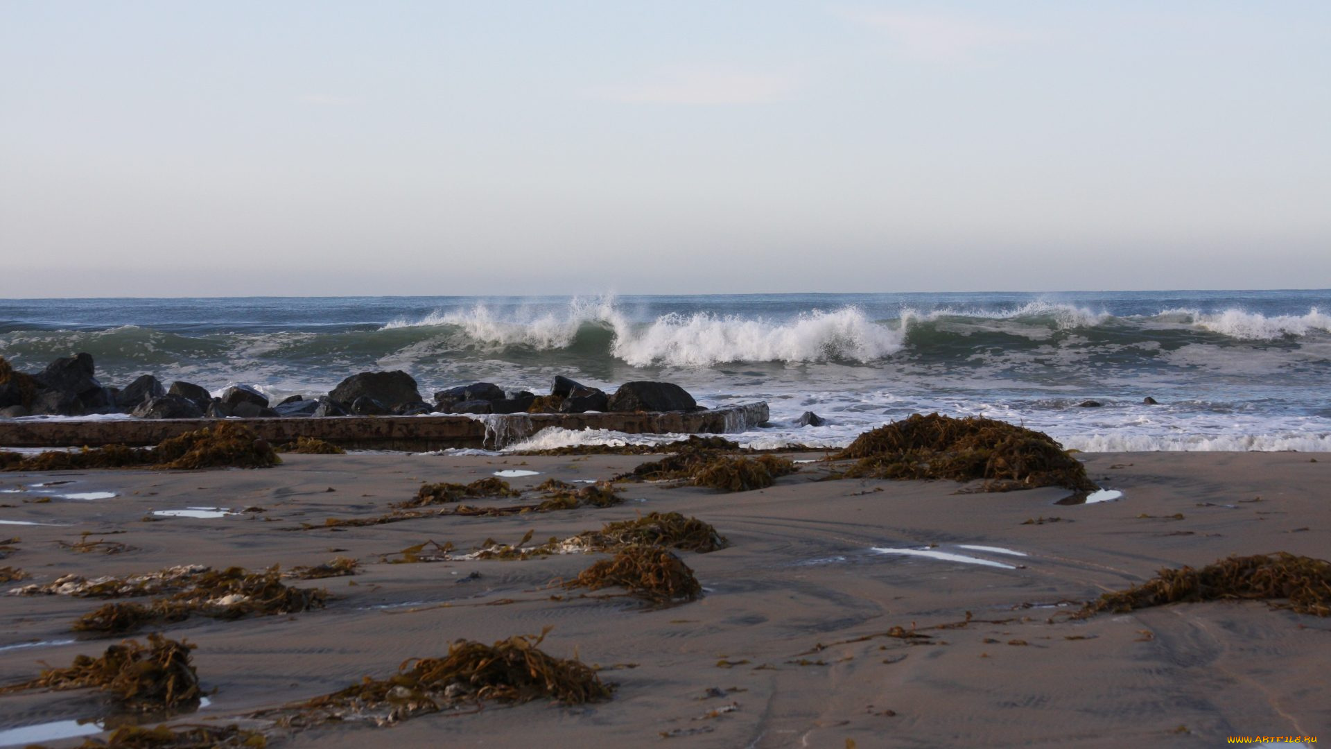 природа, побережье, песок, волны, камни