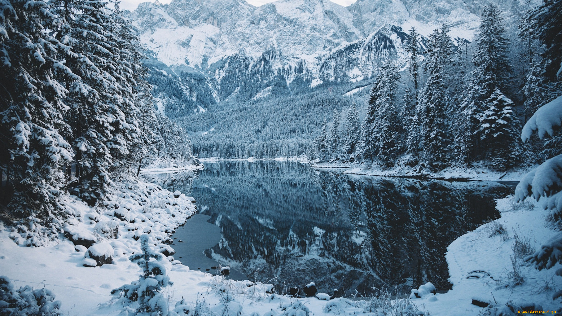 природа, зима, лес, снег, озеро, горы