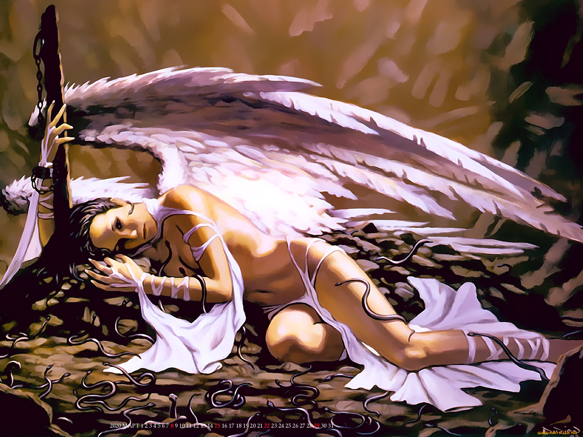 календари, фэнтези, ангел, крылья, белый, змея, calendar, 2020