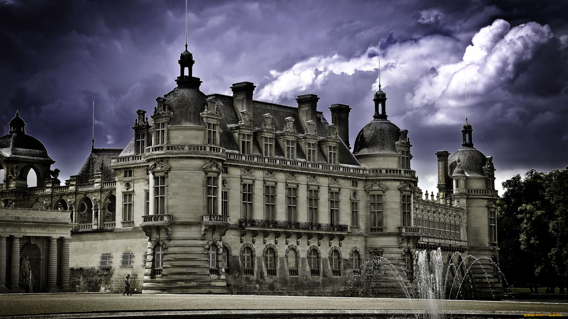 chateau, de, chantilly, france, города, замки, луары, франция, фонтан