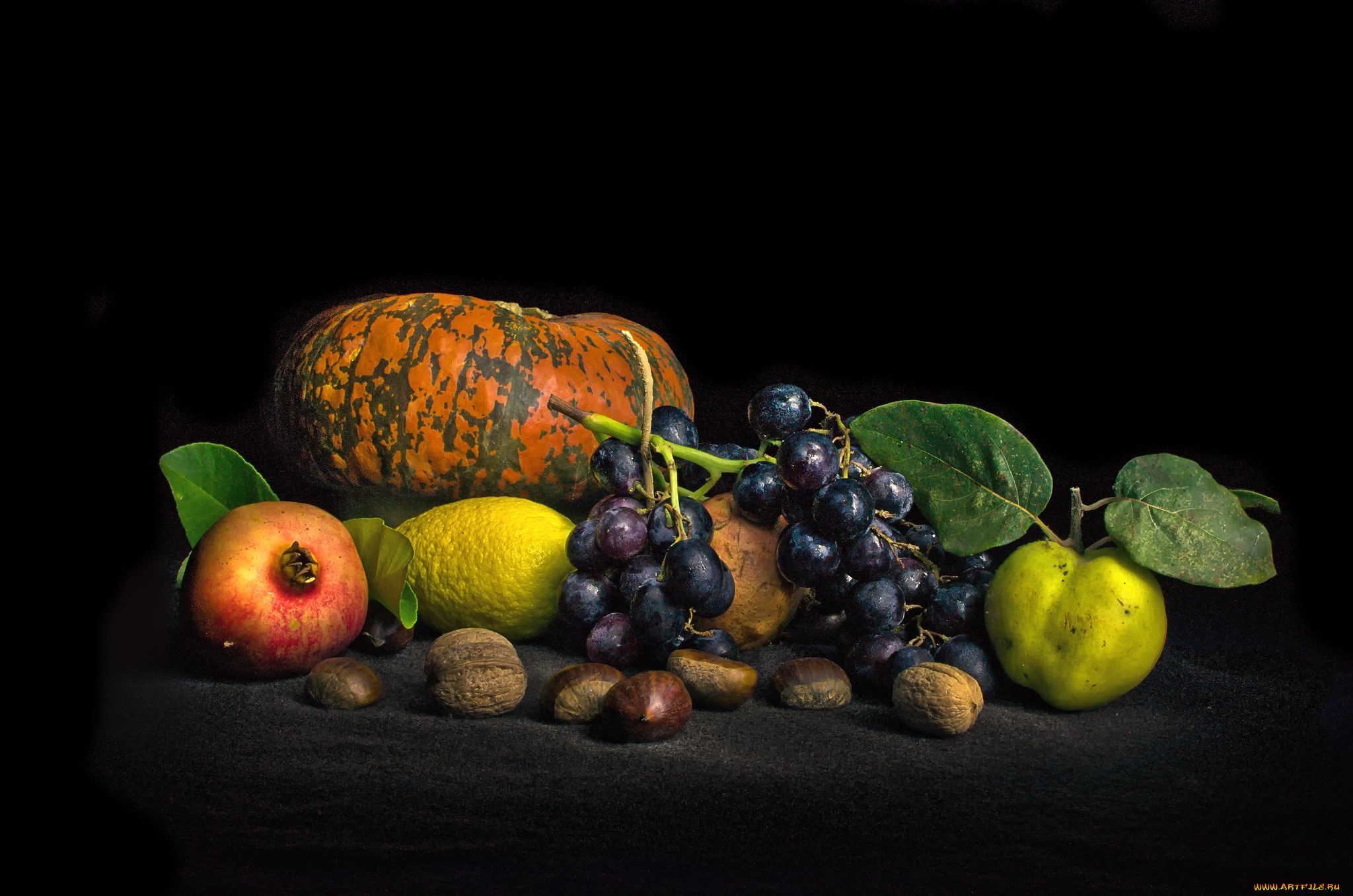 еда, фрукты, овощи, вместе, виноград, орехи, гранат, лимон, тыква, каштаны, яблоко