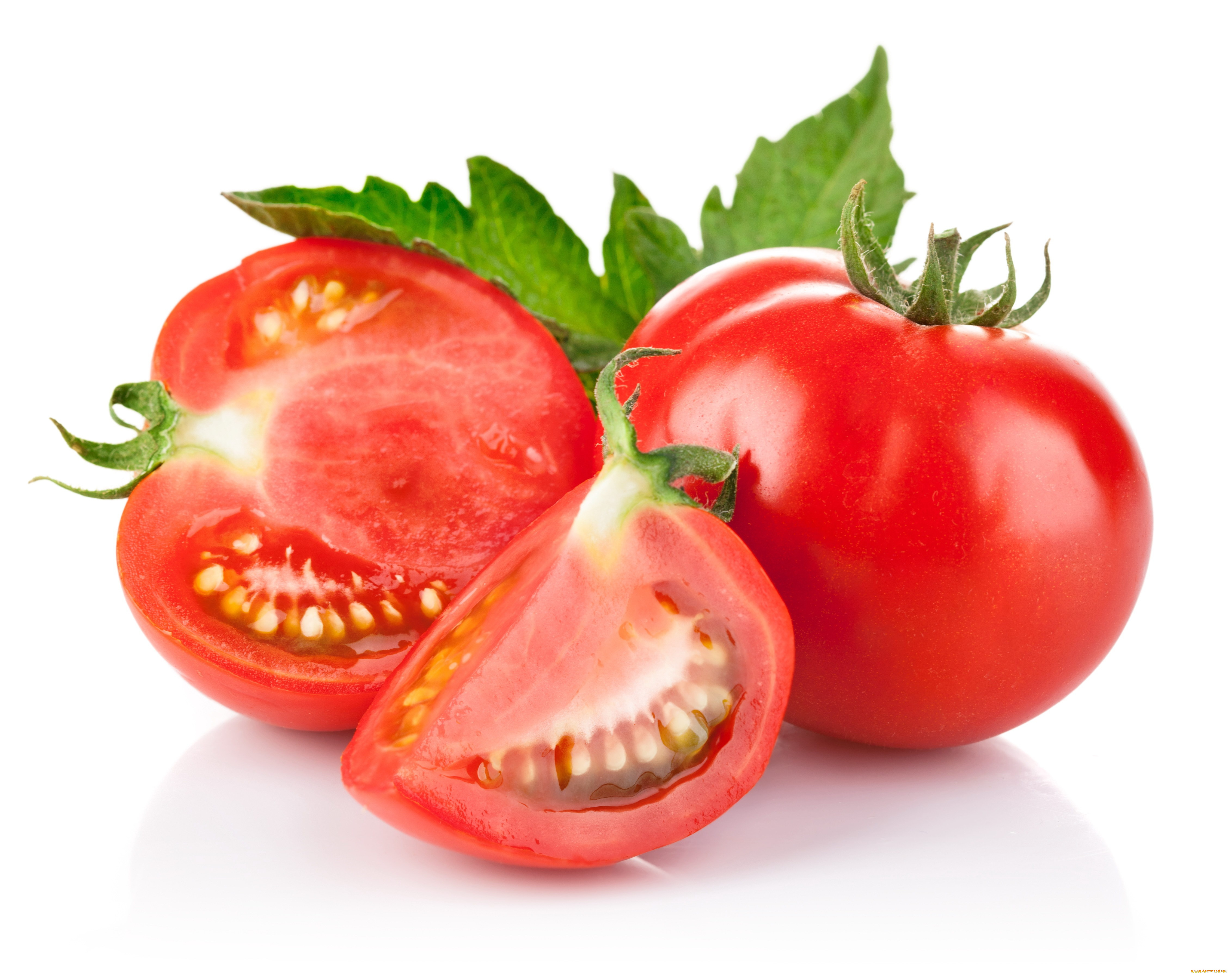 еда, помидоры, листья, белый, фон, разрез, томаты