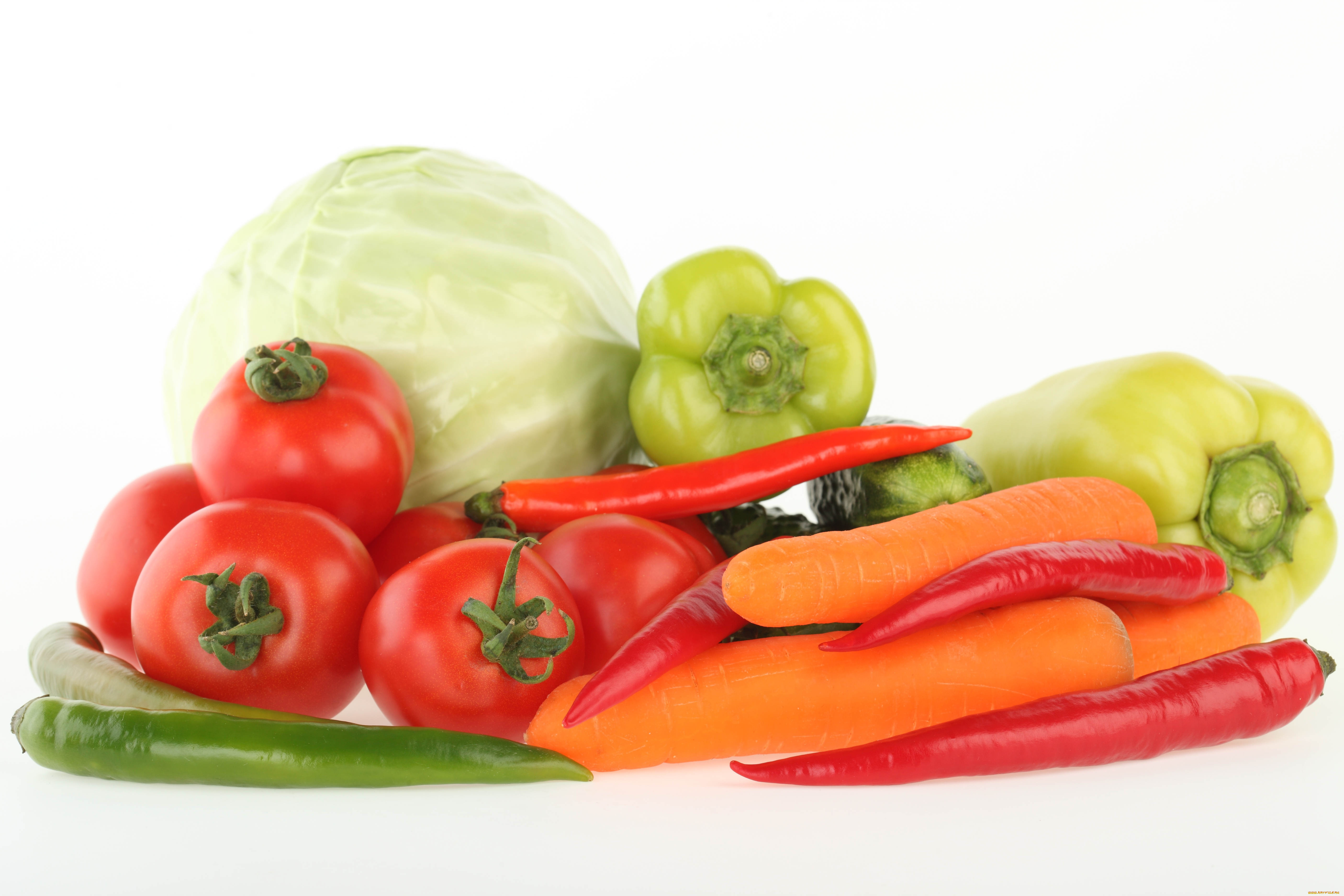 еда, овощи, белый, фон, капуста, куча, морковь, помидоры, перец, томаты