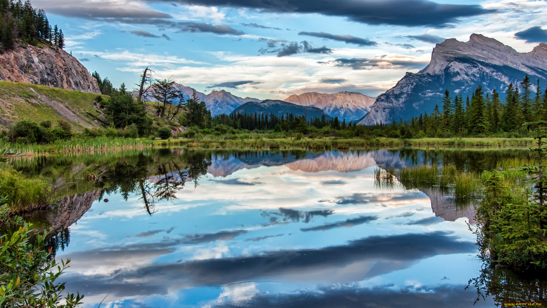 природа, реки, озера, canada, banff, national, park, деревья, облака, горы, банф, канада, отражение, озеро
